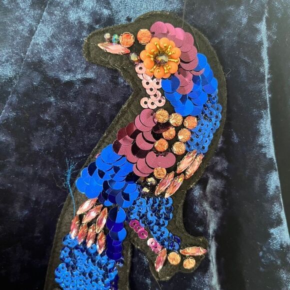 Zara Navy Crushed Velvet Kimono Beaded Peacock Bird Wrap Blouse - Picture 9 of 11